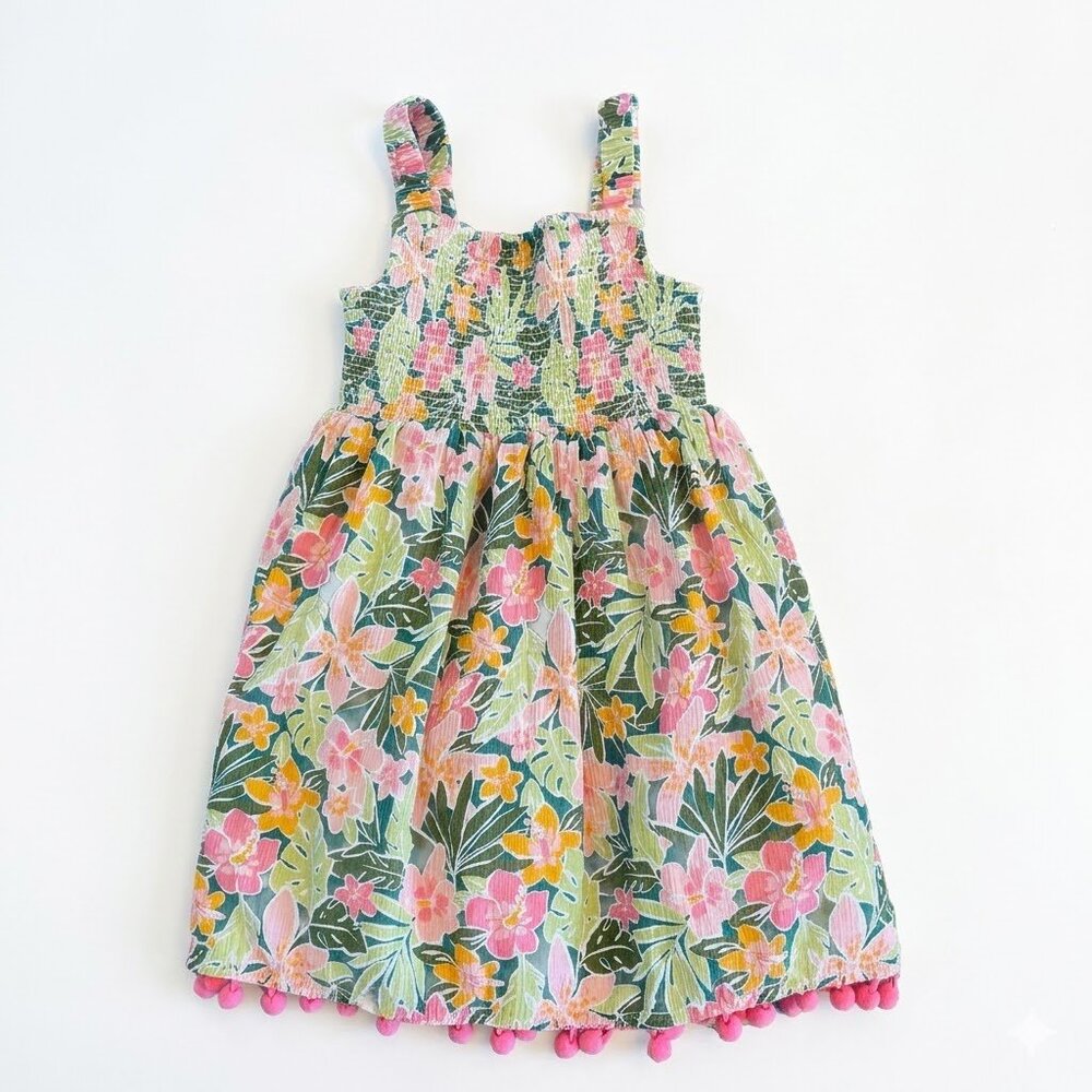 Girls Size 5 Tropical Floral Smocked Dress Pom Pom Trim Summer Sundress Boho